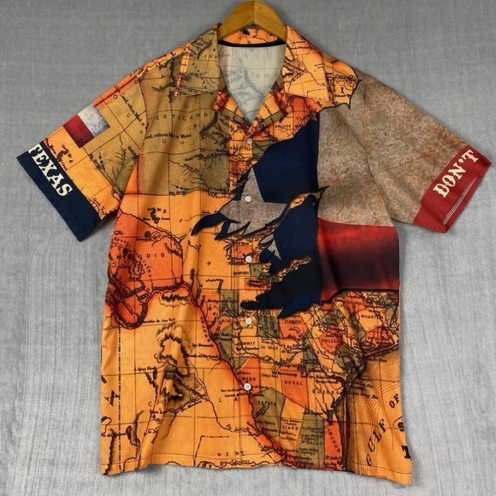 Button Up Cabana Shirt Mens XL All Over Print Map Dont‎ Mess With Texas Novelty